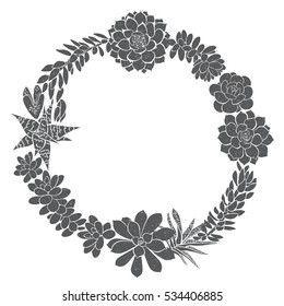 Round flower wreath with succulents. Monochrome vector illustration with space for text. May be an invitation, greeting card, or element your design.