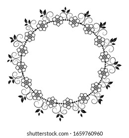 Round flower wreath.Drawing in the style of Doodle.Black and white image .Flower coloring.Round frame of flowers.Suitable for postcards and invitations.Vector illustration