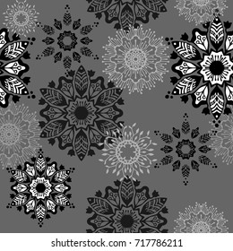 round flower zentangle boho black and white monochrome tone vector pattern seamless