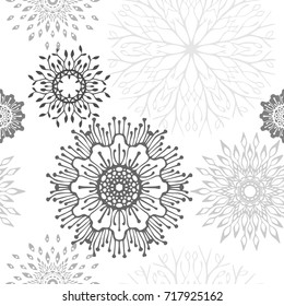round flower zentangle boho black and white  tone monochrome winter snowflakes cold season tone vector pattern seamless