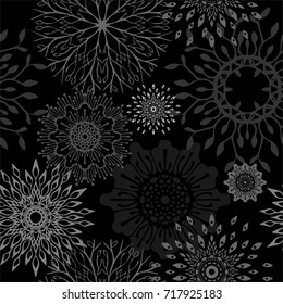 round flower zentangle boho black and gray  tone monochrome winter snowflakes cold season tone vector pattern seamless