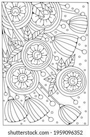 Round flowers and buds. Art line. Flower coloring page. Black and white background for coloring. Vector illustration.