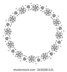 Round Flowers frame Doodle sketch. Spring or Summer Wreath with flowers. Simple flowers with petals. Black and white wreath, hand drawn Vector print for invitation, card, invitation, decoration, logo.