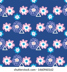 Round Flowers with Geometric Elements , Seamless Pattern Print .Floral Fabric