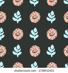 Round Flowers and Leaves , Pen Drawn Texture , Flat Florals with Black Background