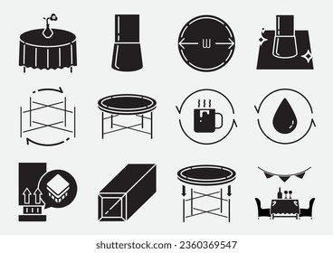 Round folding table glyph icon set. Utility table for event or daily life made with steel bar, legs cap, table top benefits like heat resistance and water proof.