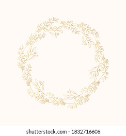 Round Foliage Golden Wreath With Floral Branches. Vector Isolated Spring Gold Flourish Border. Elegant Rustic Invitation Frame For Wedding Card.