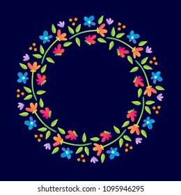 Round folk ornamental pattern as a frame. simple bright flowers floral on a dark background for embroidery or a greeting card design
