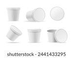Round Food Containers, Ice Cream or Mayonnaise Buckets Mockup Set. Isolated 3d Vector Templates White Plastic Boxes