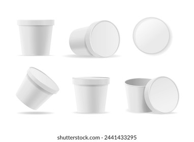 Round Food Containers, Ice Cream or Mayonnaise Buckets Mockup Set. Isolated 3d Vector Templates White Plastic Boxes