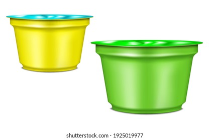 Rund Essenstasse mit Abriss von Foliendeckel einzeln auf weißem Hintergrund, realistische Vektorgrafik. Snacktopf. Vorlage für Design. Farbsatz. Einfach wiederbeleben.