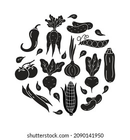 Round food illustration with isolated vegetables. Carrot, beet, onion, corn, leaves, tomato, beans. Black silhouette elements on white background. Vector hand drawn print, poster