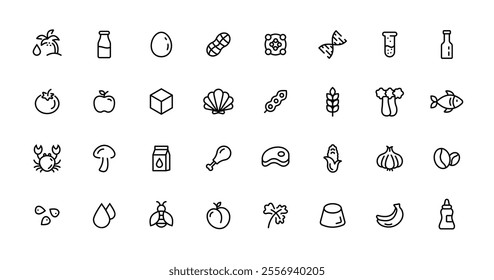 Round food ingredients icon. Vector set of 32 icons. Collection includes gluten, fish, egg, sugar, sesame, celery, soya, milk, soybean, nuts, mustard, palm oil.