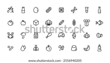 Round food ingredients icon. Vector set of 32 icons. Collection includes gluten, fish, egg, sugar, sesame, celery, soya, milk, soybean, nuts, mustard, palm oil.