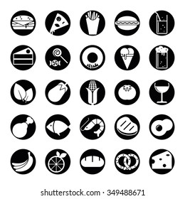 Round food solid icon set. Collection of 25 solid food and drink vector icons in black circles