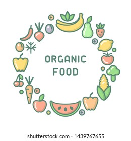 Round form concept with fruits and vegetables. Cartoon style vector illustration