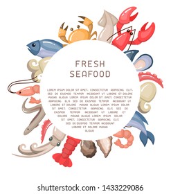 Round form decor with seafood elements and space for your text. Cartoon style vector illustration. Suitable for restaurant  menu design