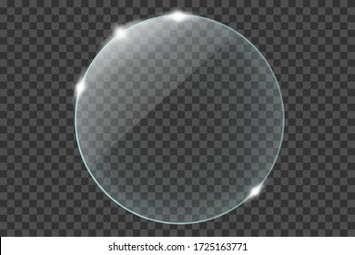 Round form glass plate. Circle glass texture with glares. Realistic transparent glass in round frame. Vector illustration isolated on transparent background