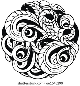 Round form. Interlacing leaves and spirals. Black and white. Emblem. Design. Vector graphics.