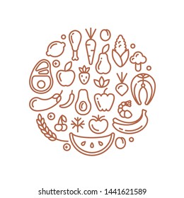 Round form set of different products icons. Linear style vector illustration