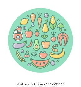 Round form set of different products icons. Cartoon style vector illustration