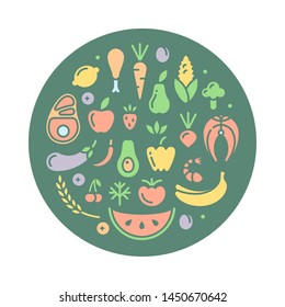 Round form set of different products icons in flat style