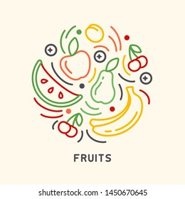 Round form set of fruits icons in linear style on white background