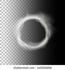 Round form smoky banner. Circle smoke on transparent gradient black background. Vector illustration.