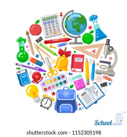 Round formed banner of school objects for design. Nice combination of school elements. Vector illustration for education design.