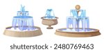 Round fountains set isolated on white background. Vector cartoon illustration of park or garden landscape design elements, stone bowls with clear blue water jets splashing in cascade, city landmark