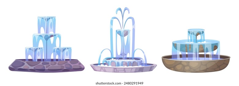 Round fountains set isolated on white background. Vector cartoon illustration of park or garden landscape design elements, stone bowls with clear blue water jets splashing in cascade, city landmark