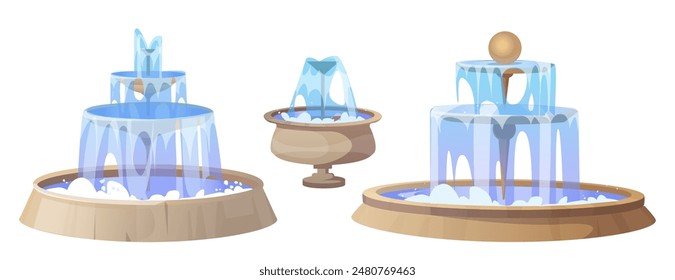 Round fountains set isolated on white background. Vector cartoon illustration of park or garden landscape design elements, stone bowls with clear blue water jets splashing in cascade, city landmark