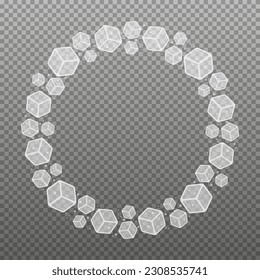 Round frame with 3d ice cubes and bubbles. Isolated vector illustration.