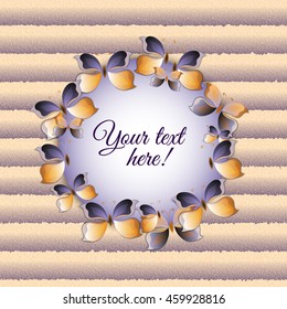 Round frame with 3d paper butterflies and carton background. Wedding, invitation element design.