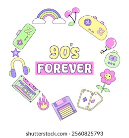 Round frame 90s forever. Multicolored elements on white background. Retro illustration with outline in 90s style. Isolated vector illustration.