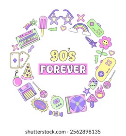 Round frame 90s forever. Multicolored elements on white background. Retro illustration with outline in 90s style. Isolated vector illustration.
