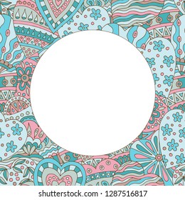 Round frame with abstract background of painted doodle hearts