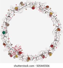 Round frame of abstract branches, leaves and berries. Floral wreath, element for your design in vector.