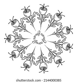 Round frame of abstract flowers in doodle style. Hand drawing with a textured brush. Ethnic pattern.