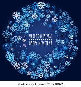 Round frame from abstract glowing snowflakes. Vector holiday background. Christmas or New Year greeting card, invitation.