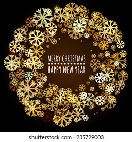 Round frame from abstract glowing snowflakes. Vector holiday background. Christmas or New Year greeting card, invitation.