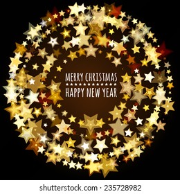 Round frame from abstract glowing stars. Vector holiday background. Christmas or New Year greeting card, invitation.