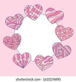 Round frame with abstract hand-drawn doodle pink hearts, for Valentine's day