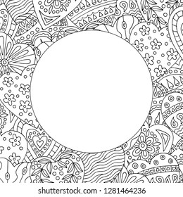 Round frame with abstract pattern of hand-drawn hearts doodles for children and adults coloring books, Valentine's day