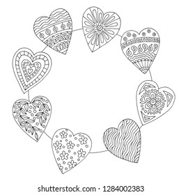 Round frame with abstract pattern of hand-drawn hearts doodles for children and adults coloring books, Valentine's day