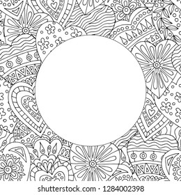 Round frame with abstract pattern of hand-drawn hearts doodles for children and adults coloring books, Valentine's day