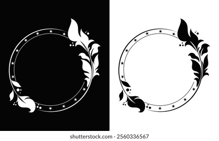Round frame with abstract shapes pattern. Vector illustration isolated on black and white background.