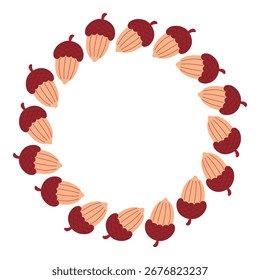 Redondo quadro de bolotas, vetor. Rim circular de outono. Formulário de modelo para texto. Ilustração de clip-art de clima de outono