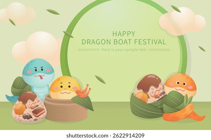 Round frame advertising poster, Chinese Dragon Boat Festival with rice dumplings and playful snake mascot