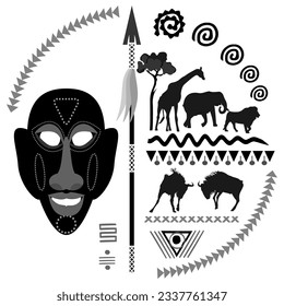 Round frame with african mask, spear, patterns and animal silhouettes. Vector illustration.